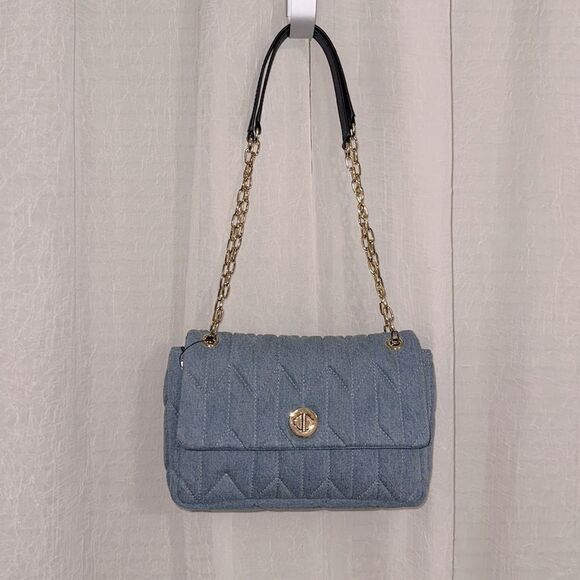 Talbots Gold Tone Chain Strap Leather Trim Quilted Denim Blue Shoulder Bag - Picture 1 of 16